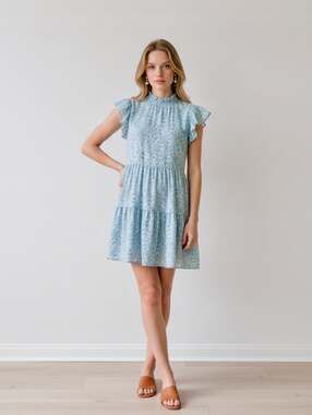 Pick Me' Blue and White Ditsy Floral Smocked Tiered Midi Dress